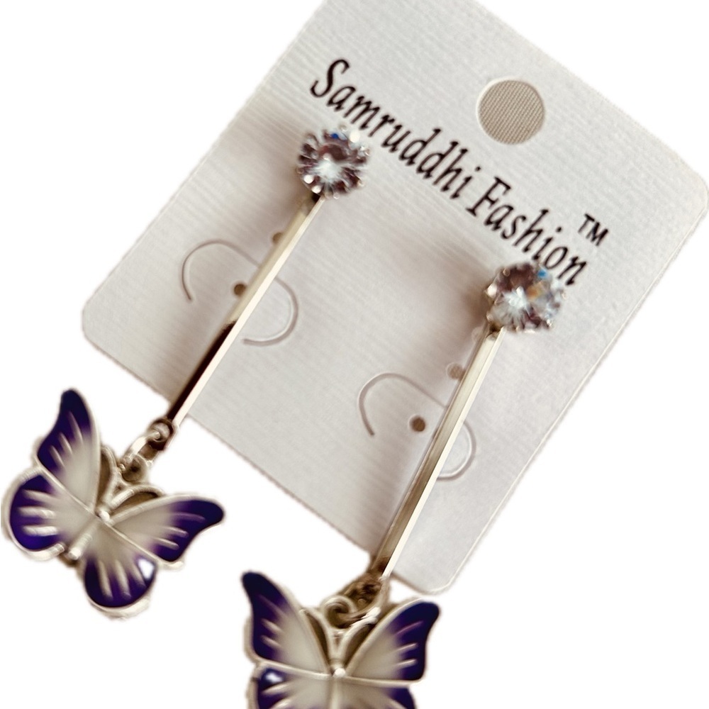 Cute Purple Butterfly Rhinestone Enamel Korean Style Fashion Dangle Earrings set